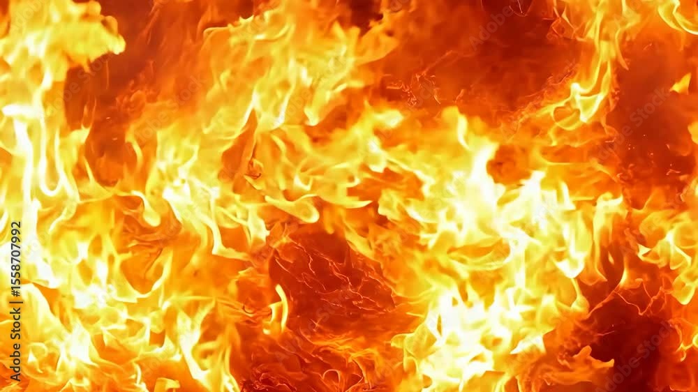 Close up of intense blazing fire flames burning brightly vivid orange and yellow colors powerful heat energy destruction background video

