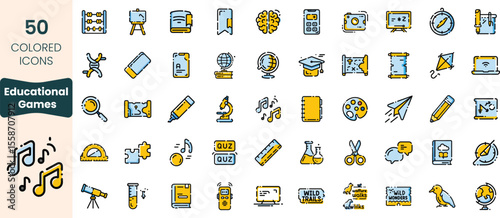 Collection of 50 educational game icons, featuring various subjects and activities perfect for enhancing learning and engagement.