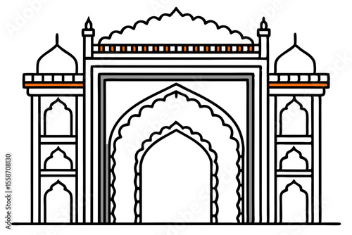 Ornate Indian Archway:  Line Art Illustration,  Traditional Architecture,  Grand Entrance,  Symbolic Gateway,  Cultural Heritage,  Vector Graphic.