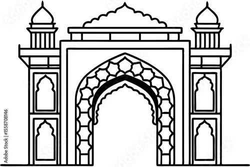 Ornate Black and White Mughal Archway Gateway Illustration, Architectural Design Element