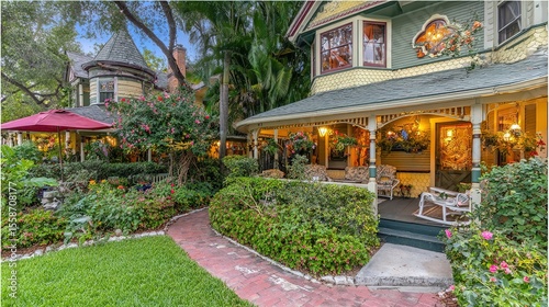 Southern-style home with wrap-around porch, white columns, and rocking chairs, bathed in golden light amid lush greenery. Classic elegance meets 