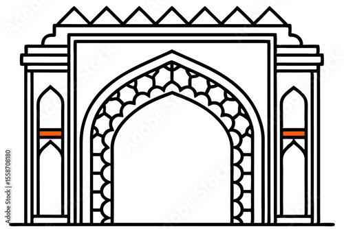 Ornate Archway:  Islamic Architecture Line Art, Elegant Design,  Symbolic Gateway,  Vector Illustration.