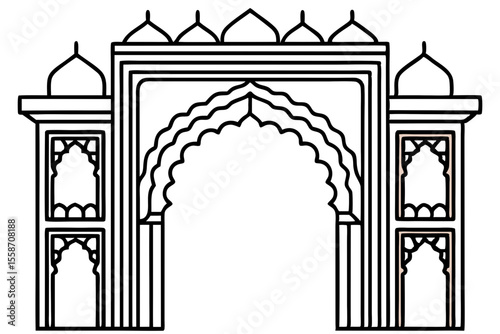 Elegant Black and White Line Art Illustration of an Ornate Indian Archway Gateway.