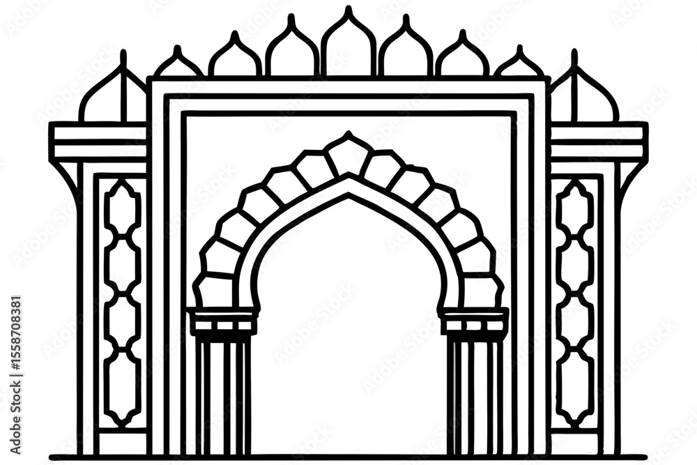 Fototapeta premium Elegant Black and White Line Art: Ornate Islamic Archway Gateway Design