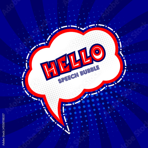 New stye of Hello speech bubble design with halftone design using comic style on stylish blue background in vector illustration.