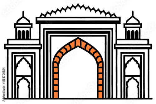 Majestic Indian Archway:  Bold Line Art Illustration,  Ornate Design, Cultural Heritage,  Architectural Graphic.