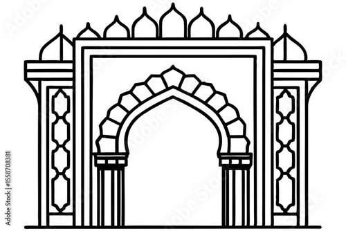Elegant Black and White Line Art: Ornate Islamic Archway Gateway Design