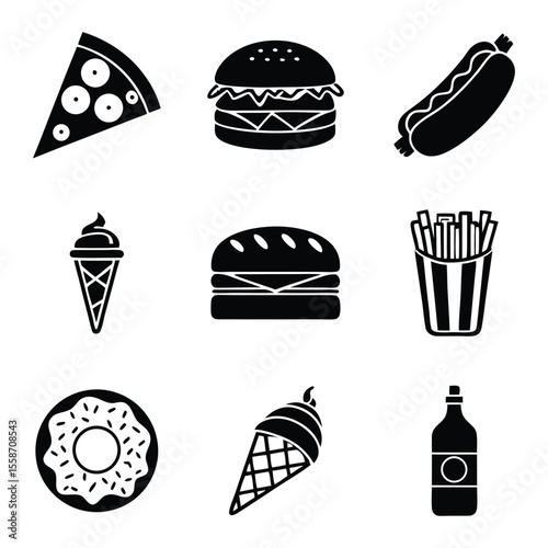 Collection of black and white icons representing popular fast food and sweet treats on a white background