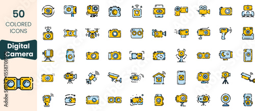 Collection of 50 colorful digital camera icons showcasing various camera types and functionalities, perfect for creative projects or presentations.