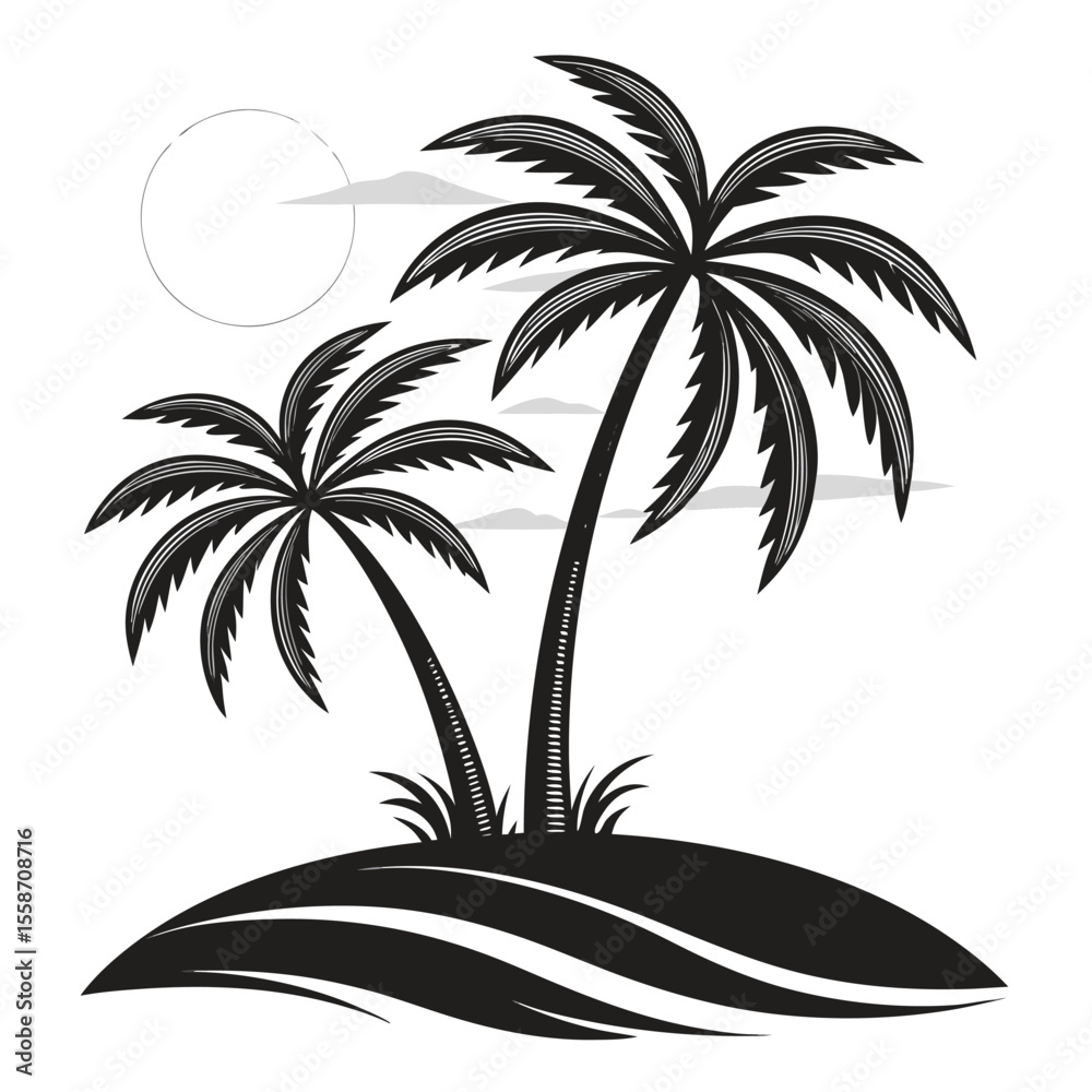 Fototapeta premium Serene Tropical Island Scene with Two Palm Trees Swaying Under a Gentle Sun