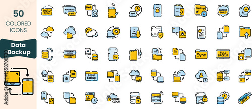 Collection of data backup icons featuring cloud storage, synchronization, and security themes suitable for tech-related projects.
