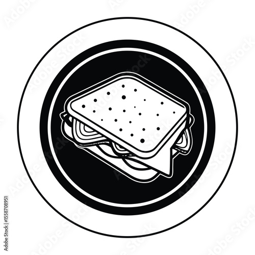 Stylized black and white graphic illustration of a sandwich with layers of filling inside a circular border