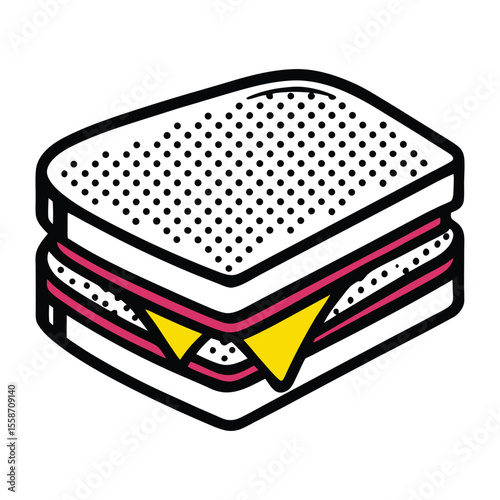 Stylized illustration of a delicious sandwich with cheese and ham presented in a retro pop art style