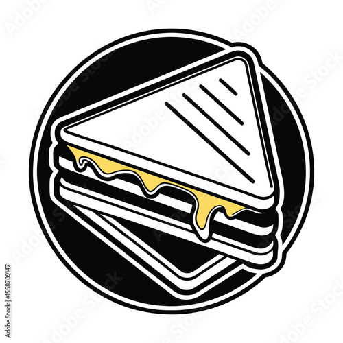 Stylized illustration of a triangular grilled cheese sandwich with melted cheese dripping set against a black circle