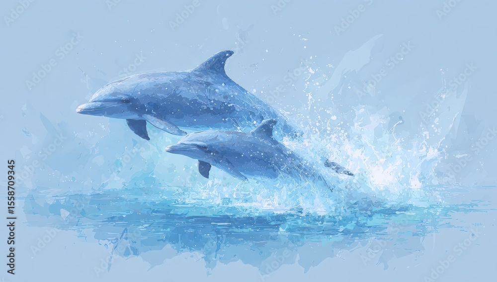 Fototapeta premium Two dolphins leap from calm, blue water, creating splashing watercolor-like effect