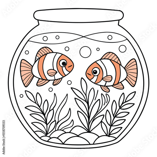 Two Adorable Clownfish Swimming Gracefully Together in a Beautifully Decorated Aquarium with Lush Green Plants and Pebbles