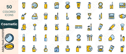 A diverse collection of 50 colorful cosmetic icons, showcasing various beauty products like lotions, lipsticks, and makeup tools, perfect for design projects.