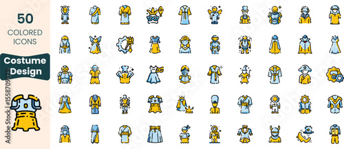 Collection of 50 colored costume design icons, showcasing various outfits and accessories in playful styles. Perfect for creative projects and design inspiration.