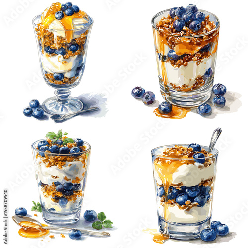 Layered watercolor dessert illustration of blueberry parfait with yogurt, granola, and honey, perfect for breakfast menus, healthy snacks, and fresh food design.

