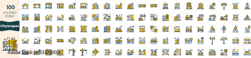 Collection of 100 cityscape icons in various colors, showcasing urban elements such as buildings, transportation, and infrastructure in a playful design.