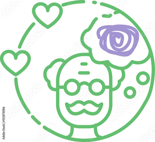Alzheimer’s disease care icon — minimal vector line illustration with elderly and scribble thoughts