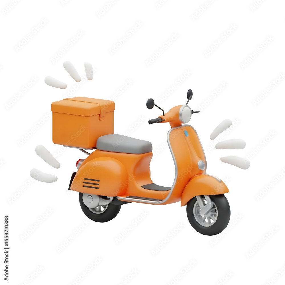 Obraz premium A delightful orange scooter with a delivery box radiates cartoon charm, perfect for illustrating speedy deliveries and modern mobility, transparent background