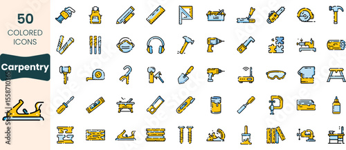 Collection of 50 colored icons representing various carpentry tools and equipment, showcasing the craftsmanship and precision involved in woodworking.