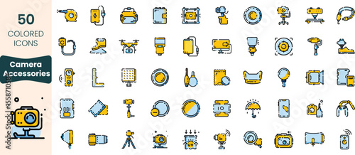 A diverse set of 50 colored icons representing various camera accessories, including tripods, lenses, and lighting equipment, suitable for photography enthusiasts.