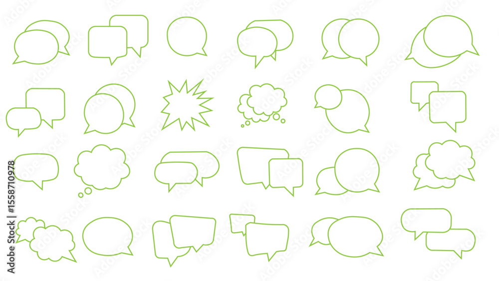 Obraz premium Set of Green Outline Speech and Thought Bubbles for Communication, Vector Collection of Blank Chat Boxes for Dialogue and Interaction, Design Elements: Variety of Empty Message Bubbles for Web.