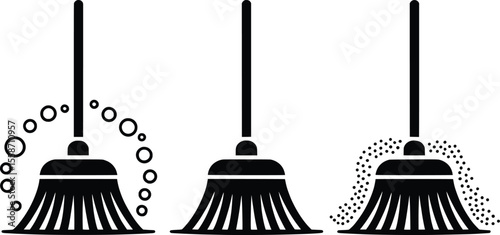 Broom Icons Set, Cleaning Tools Silhouette Clipart with Soap and Sparkles.