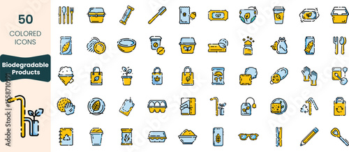 Collection of 50 biodegradable product icons in various colors, showcasing environmentally friendly items like utensils, containers, and personal care products.