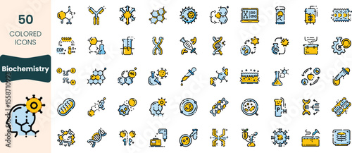 Collection of 50 biochemistry-themed icons, featuring DNA strands, molecules, and laboratory equipment in a playful, colorful design suitable for educational purposes.
