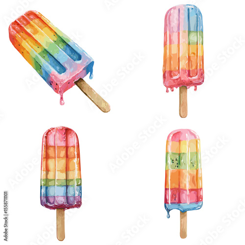 Colorful watercolor illustration of rainbow popsicles melting on sticks, perfect for summer snacks, dessert branding, and fun food artwork for kids and parties.

