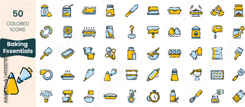 A colorful collection of 50 baking icons, including utensils, ingredients, and kitchen tools, showcasing essential items for every baker's kitchen.