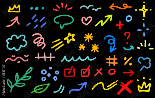 Abstract shape brush paint set. Hand drawn crayon marker stroke abstract shape arrow, blob, line texture. Marker doodle arrow, geometric asterisk icons in color grunge background. Vector illustration 