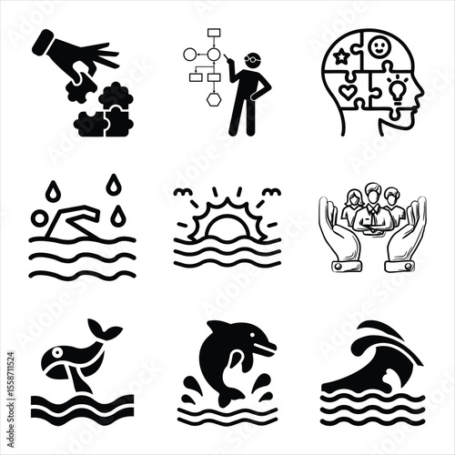 Diverse Icon Set Featuring Teamwork,Problem Solving,Environmental Awareness And Mental Wellness Depictions