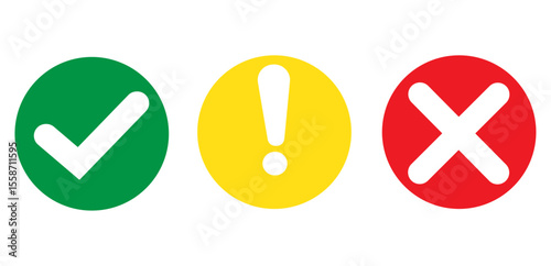 Set of Green Check mark, Yellow Exclamation, Red Cross Icons, Approval, Warning, and Error Symbols for Web and UI Design, Traffic Light Style: Correct, Caution, and Incorrect Indicator Buttons.