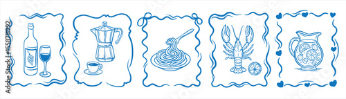 summer Italian hand drawn vacation doodle style in frames. Vector illustrations ink Italy coast, sea, shrimp, sardines, oysters elements. Sea weekend print for invitations, cards, poster, stamp