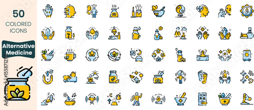 A collection of colorful icons representing various aspects of alternative medicine, including relaxation, healing, and wellness practices.