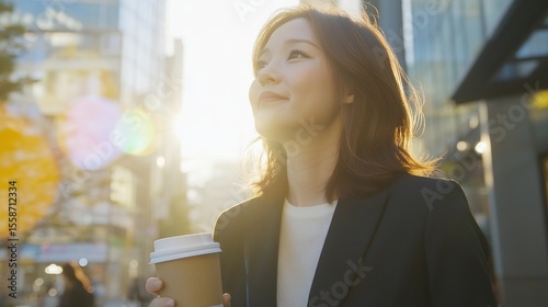 Woman in city, coffee in hand, looking up
