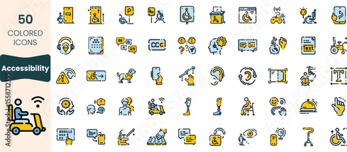 Collection of 50 accessibility icons, showcasing various assistive technologies and services, emphasizing inclusivity and support for individuals with disabilities.
