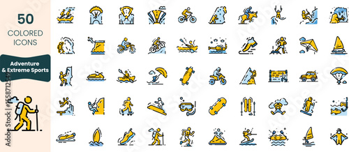 Collection of 50 icons showcasing various adventure and extreme sports activities, including surfing, rock climbing, and biking, perfect for enthusiasts and planners.