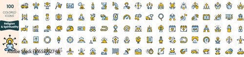 Collection of 100 colored icons representing various themes of religion and spirituality, featuring symbols, figures, and motifs in yellow and blue tones.