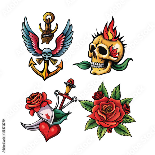 Collection of classic old school tattoo design vector art set 