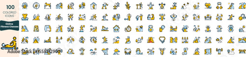 Collection of 100 colored icons representing various online fitness classes, showcasing diverse activities from yoga to cycling and strength training.