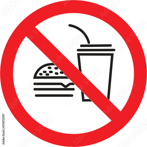 No Food or Drink Red Circle Prohibition Sign, Universal Symbol for Eating and Drinking Not Allowed, Public Area Restriction: No Food or Beverage Icon, Clear Warning Sign: Eating and Drinking. 