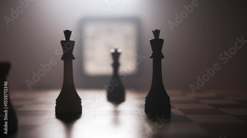 A man arranges chess pieces on a chessboard, with two main pieces in the center