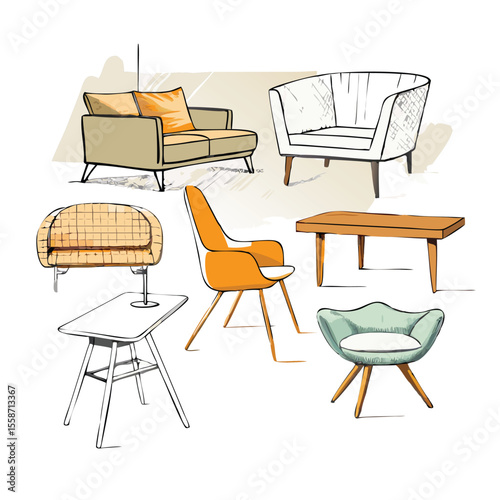 Collection of sleek mid century modern sofa set sketch with various design vector art 