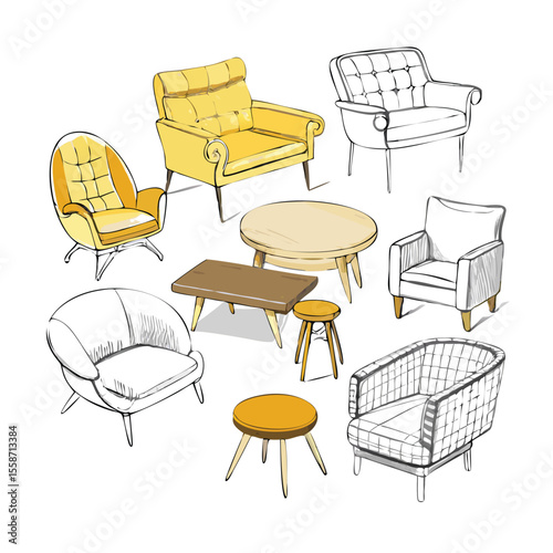 Collection of sleek mid century modern sofa set sketch with various design vector art 