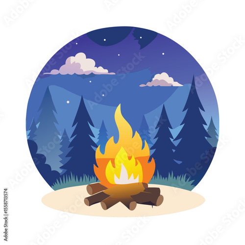 Cozy campfire glowing warmly in the heart of a forest vector art design 
